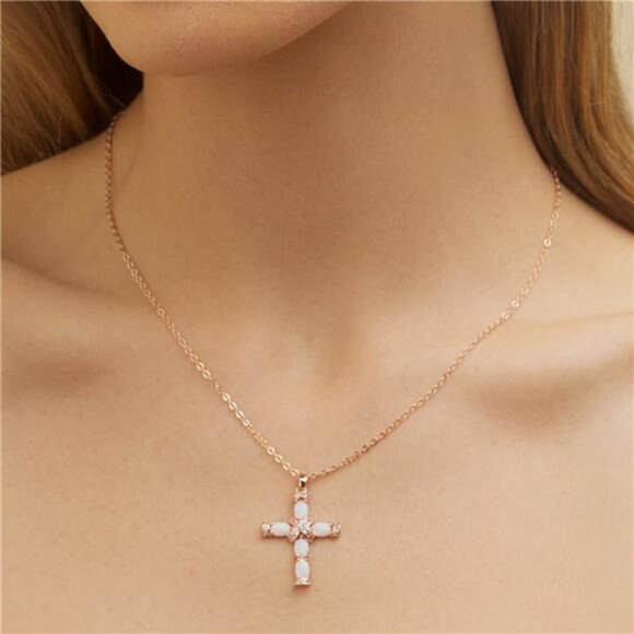 Gold Plated Opal Cross Necklace 18K Religious Pendant Jewelry Gift for Women - Picture 3 of 6